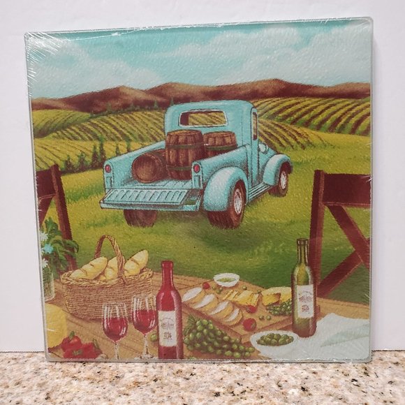 Glass Cutting Board Hot Mat Trivet, Square, Country Farm Wine Cheese Picnic NEW - Picture 1 of 5